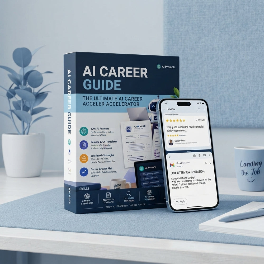 Product packaging for AI Career Guide with a smartphone displaying job search success metrics on a modern, clean desk.