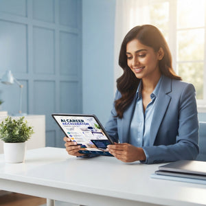 A happy young South Asian professional working on a tablet in a bright, modern office with soft blue accents.
