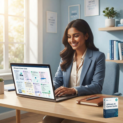 A happy South Asian professional working in a modern, light-filled office, representing career success and confidence.