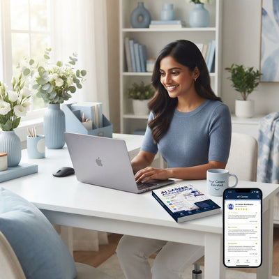 A happy South Asian professional working at a neat desk with the Ultimate AI Career Guide book, representing a stress-free jo