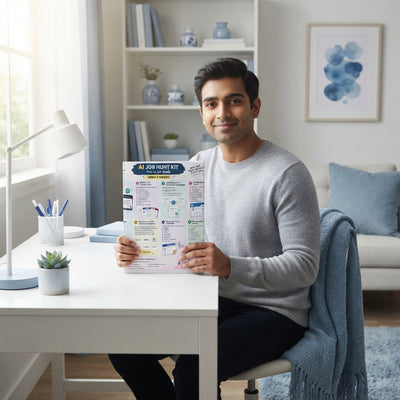 A professional South Asian person smiling confidently while holding the Ultimate AI Career Guide in a serene, modern home off