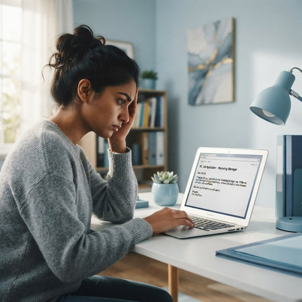 A South Asian professional looking frustrated at a laptop screen in a modern home office with blue decor.